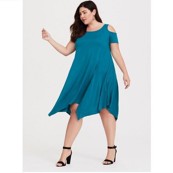 Torrid Mini Challis Turquoise Cold Shoulder Handkerchief Hem Date Night Dress 3X - Picture 2 of 10